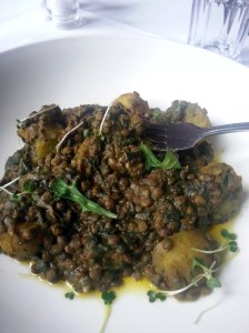 Lentils, spinach and spiced potatoes